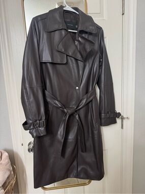 Tahari Elle Cocoa Vegan Leather Belted Trench Coat
